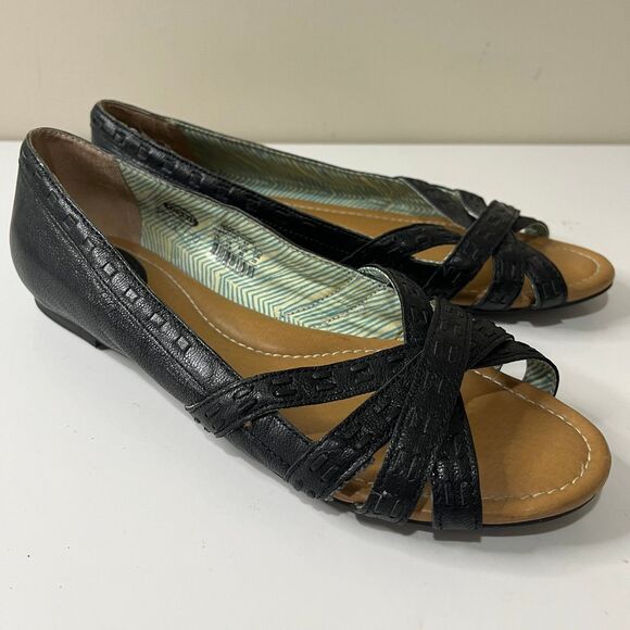 Fossil Black Leather Strappy Peep Toe Flats Y2K size 8.5 - Picture 3 of 6